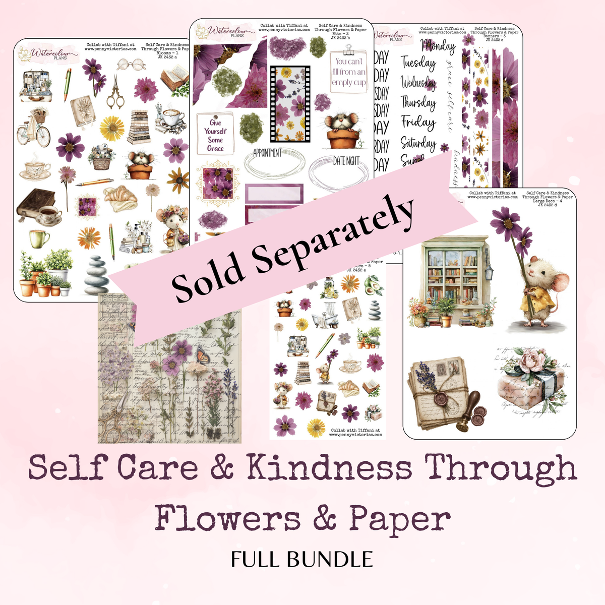 Self Care and Kindness Through Flowers and Paper - Large Deco Stickers - Journal Trio - Planner Stickers - Stationery - Watercolour