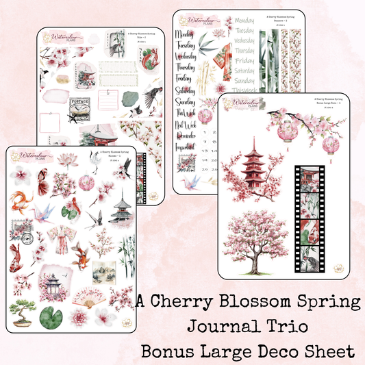A Cherry Blossom Spring - Large Deco Stickers - Journal Trio - Planner Stickers - Stationery - Watercolour