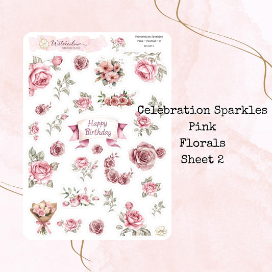Celebration Sparkles - Pink Birthday Themed - Planner and Journal Stickers - Stationery - Watercolour