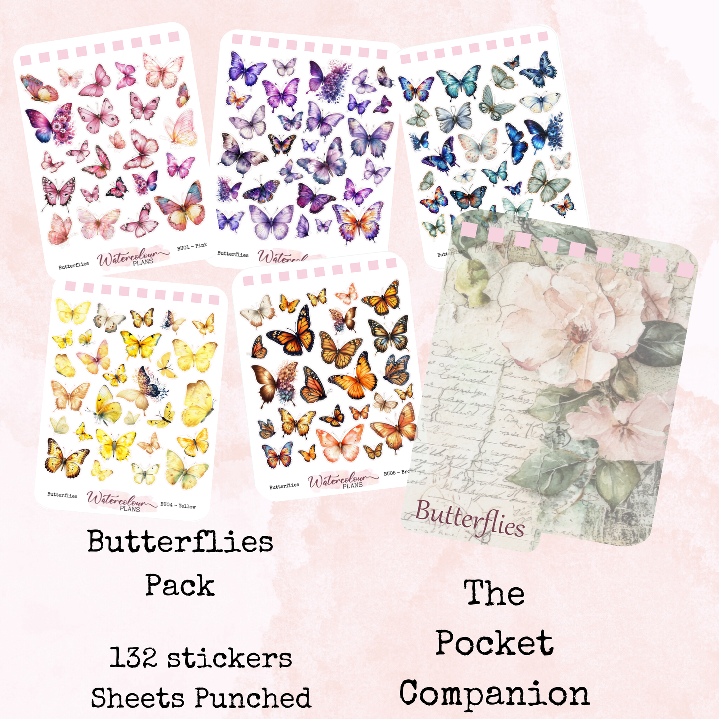 The Pocket Companion - Butterflies Pack - Butterfly Stickers - Mini and Small Size - Stationery - Watercolour