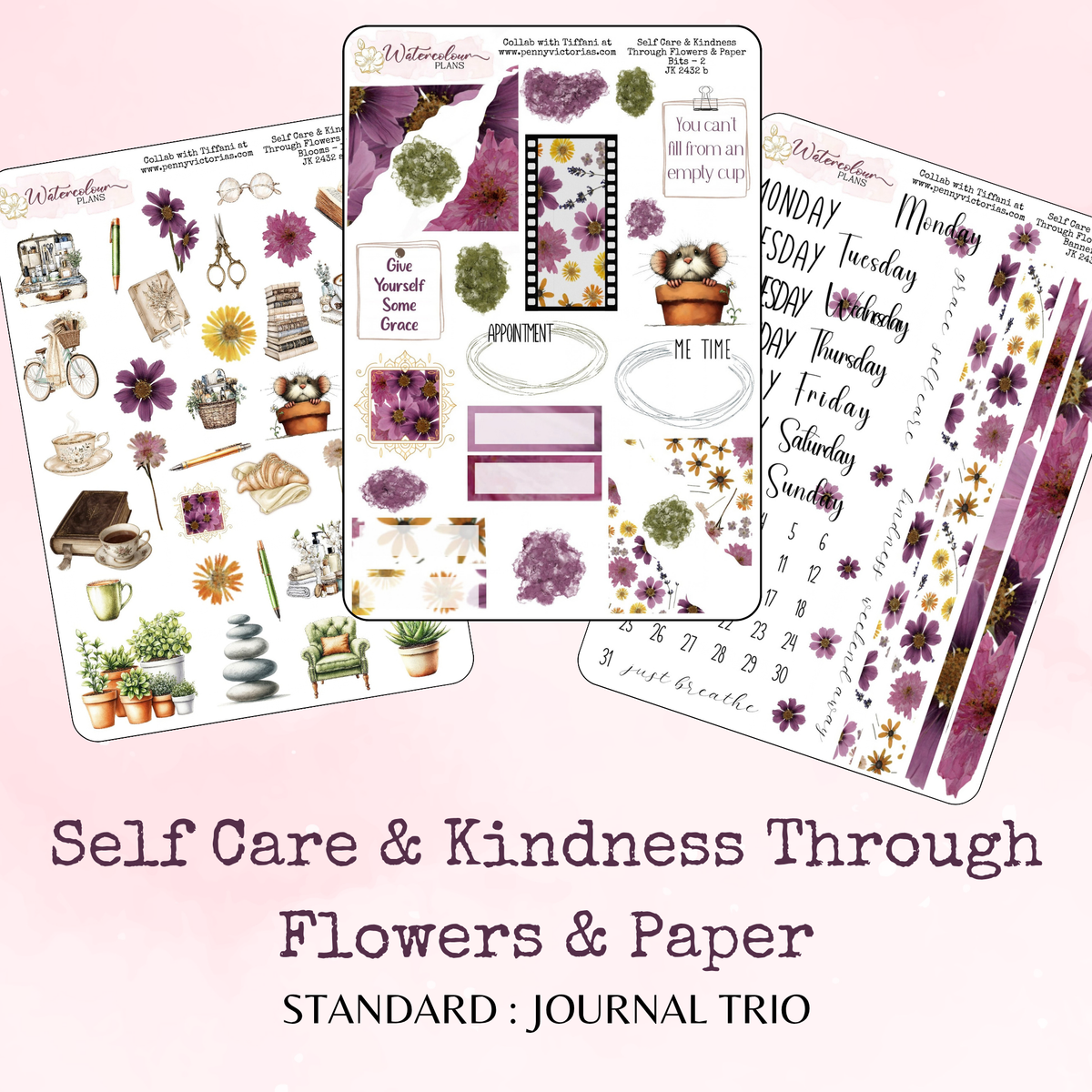 Self Care and Kindness Through Flowers and Paper - Journal Trio - Journal and Planner Stickers - Stationery - Watercolour