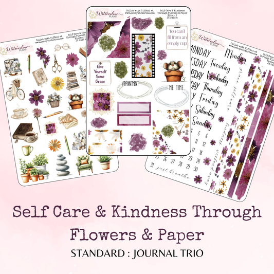 Self Care and Kindness Through Flowers and Paper - Journal Trio - Journal and Planner Stickers - Stationery - Watercolour