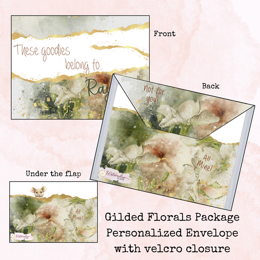 Gilded Florals Package - Custom Plastic Envelope - Stationery - Storage - Watercolour