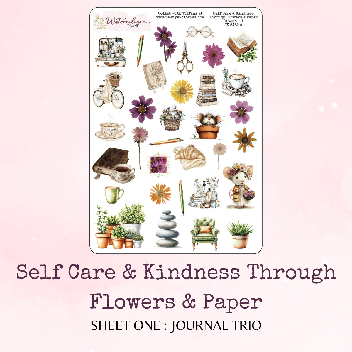 Self Care and Kindness Through Flowers and Paper - Journal Trio - Journal and Planner Stickers - Stationery - Watercolour