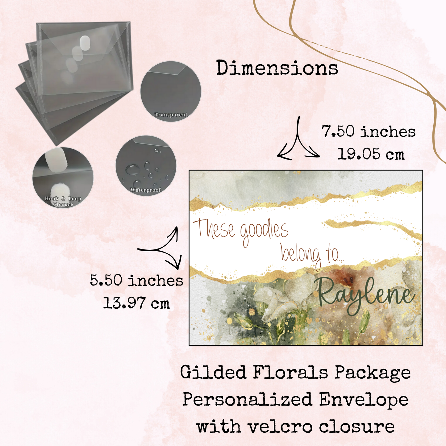 Gilded Florals Package - Custom Plastic Envelope - Stationery - Storage - Watercolour