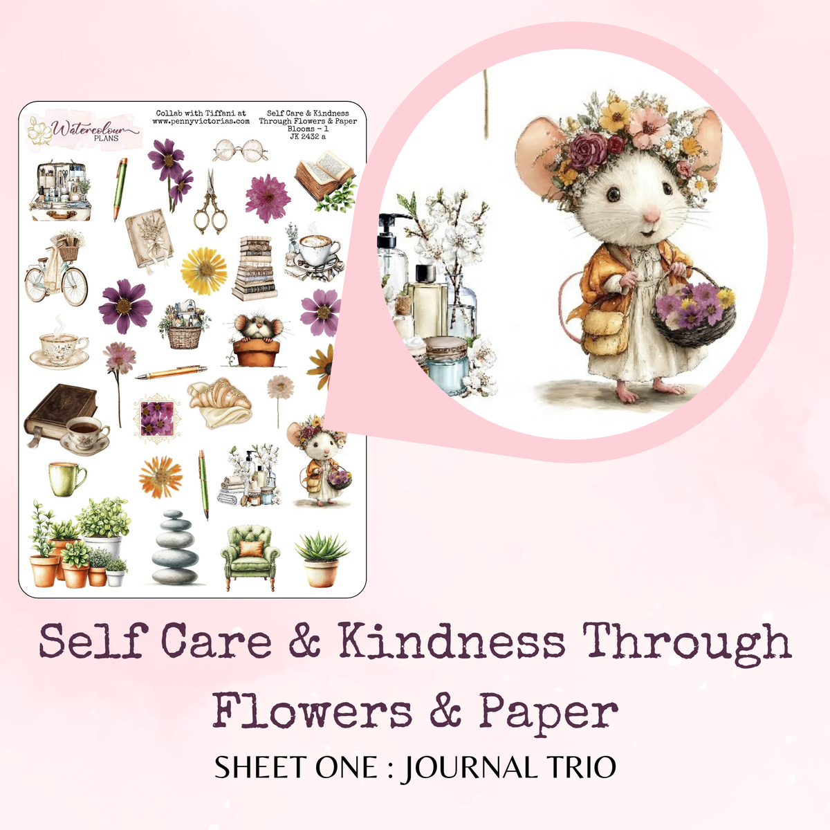Self Care and Kindness Through Flowers and Paper - Journal Trio - Journal and Planner Stickers - Stationery - Watercolour