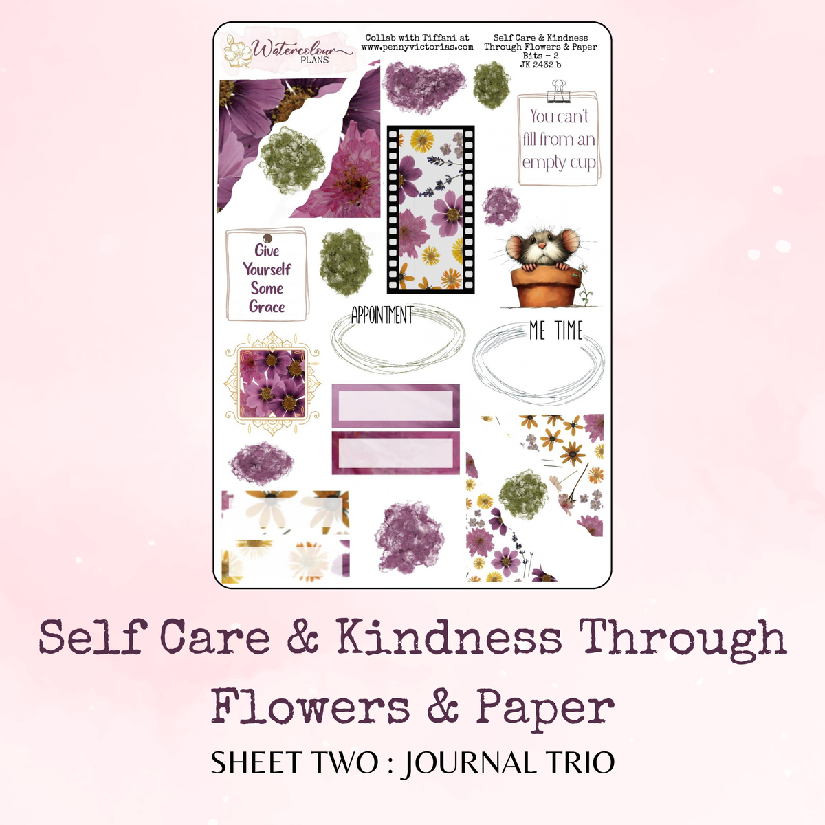 Self Care and Kindness Through Flowers and Paper - Journal Trio - Journal and Planner Stickers - Stationery - Watercolour