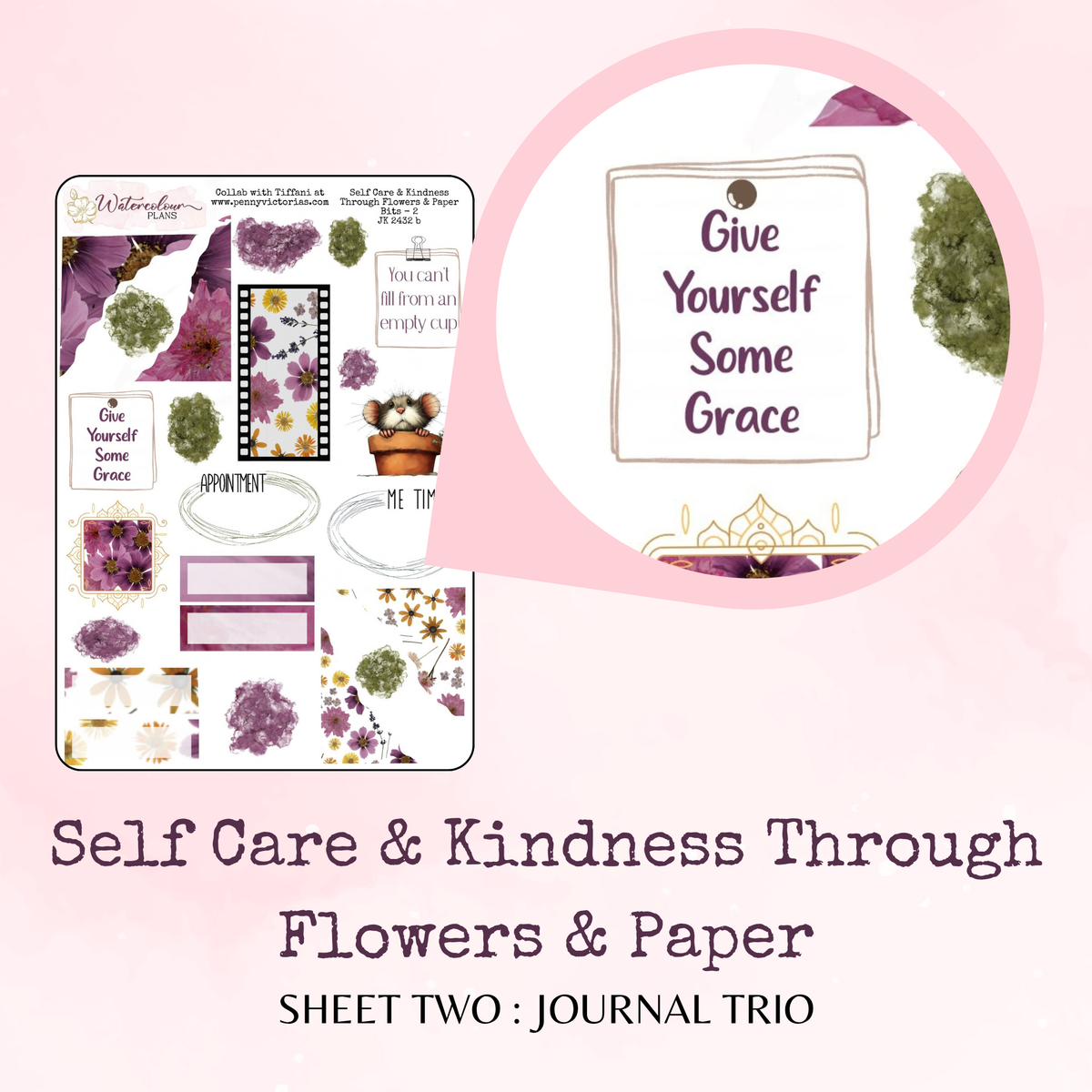 Self Care and Kindness Through Flowers and Paper - Journal Trio - Journal and Planner Stickers - Stationery - Watercolour