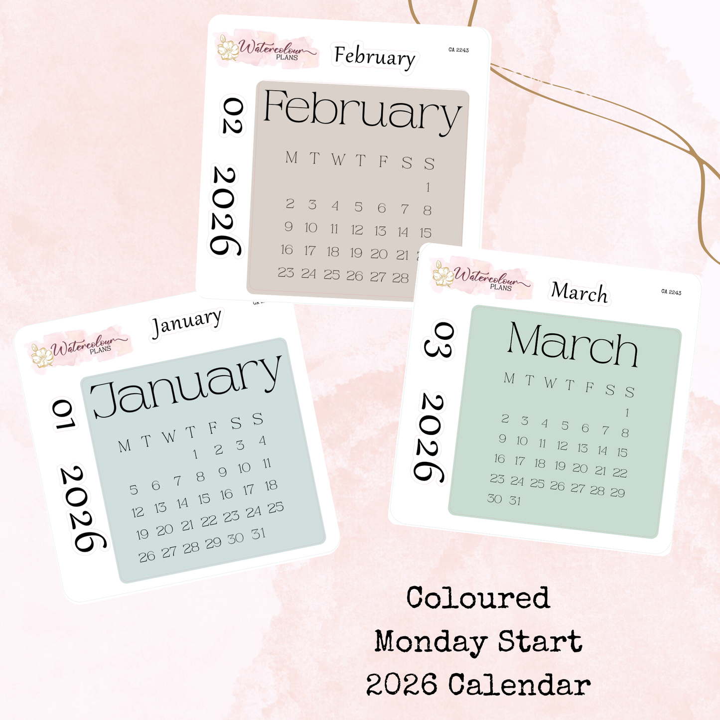 Monthly Calendar 2026 - Monday Start - Colour - Planner and Journal Stickers - Stationery - Watercolour