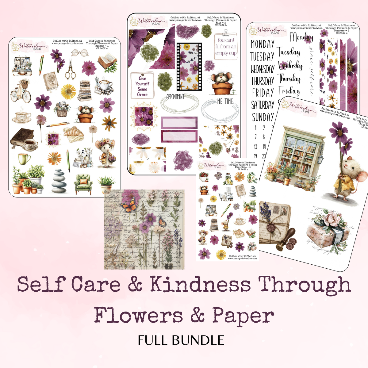 Self Care and Kindness Through Flowers and Paper - Journal Trio - Journal and Planner Stickers - Stationery - Watercolour