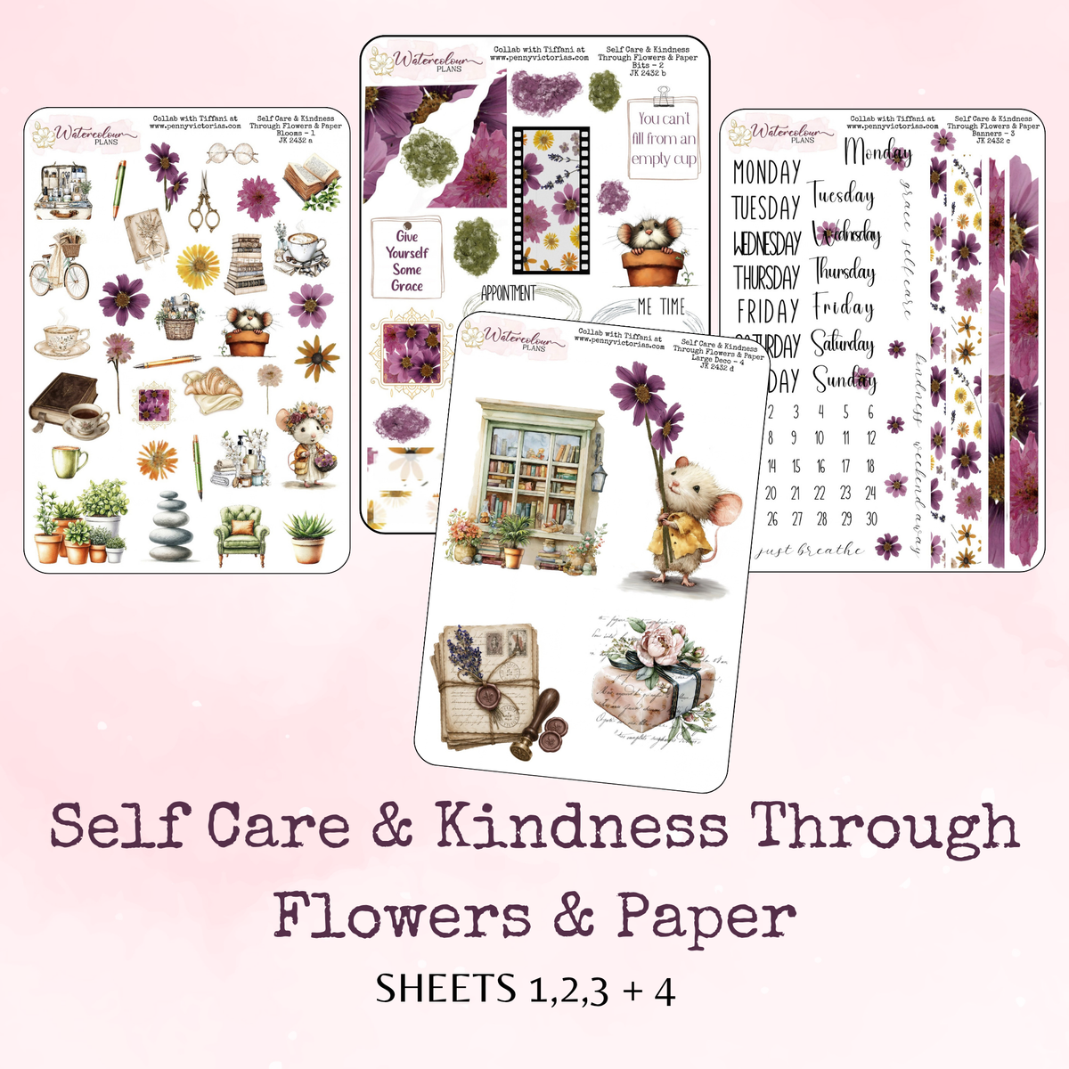Self Care and Kindness Through Flowers and Paper - Large Deco Stickers - Journal Trio - Planner Stickers - Stationery - Watercolour
