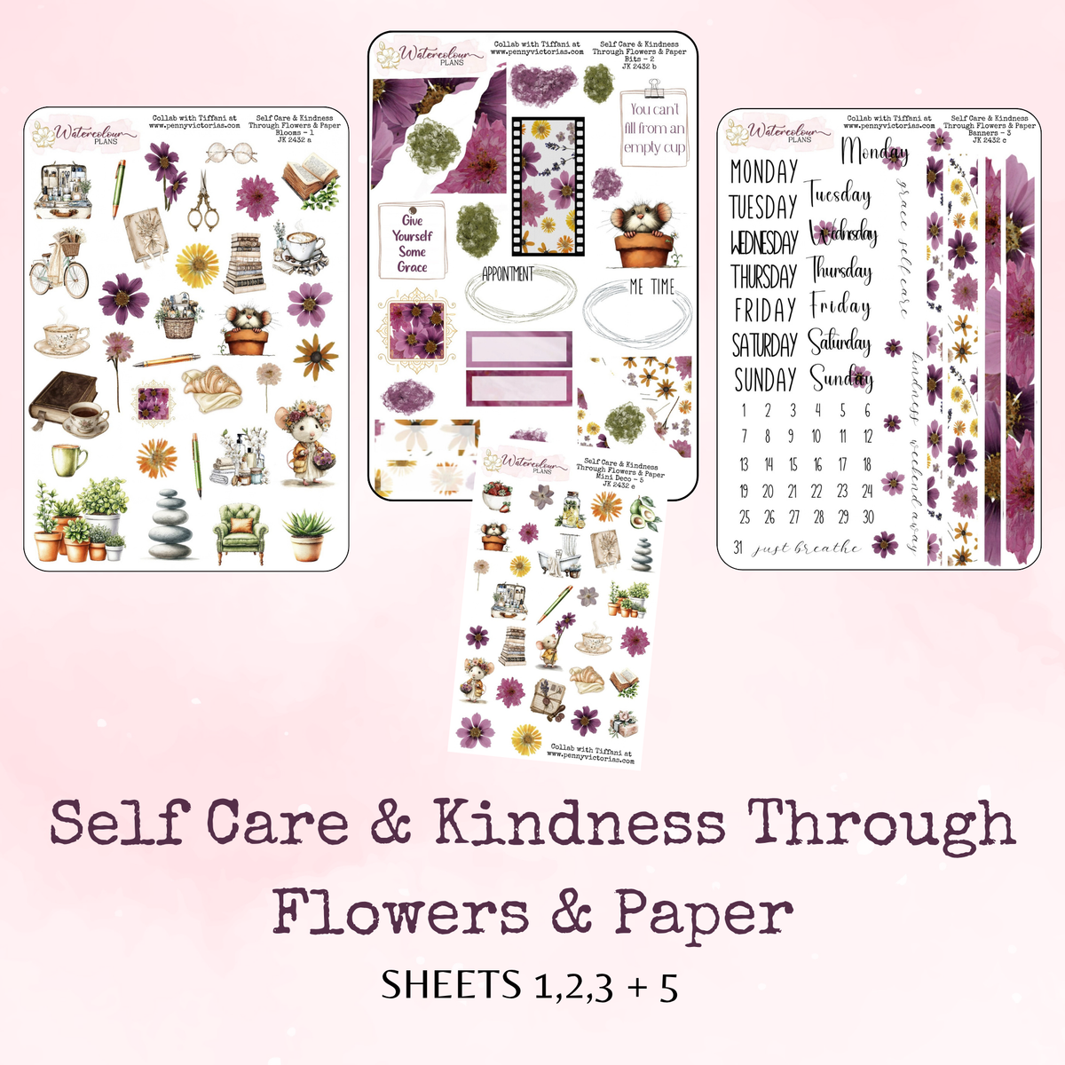 Self Care and Kindness Through Flowers and Paper - Mini Deco Stickers - Journal Trio - Planner Stickers - Stationery - Watercolour