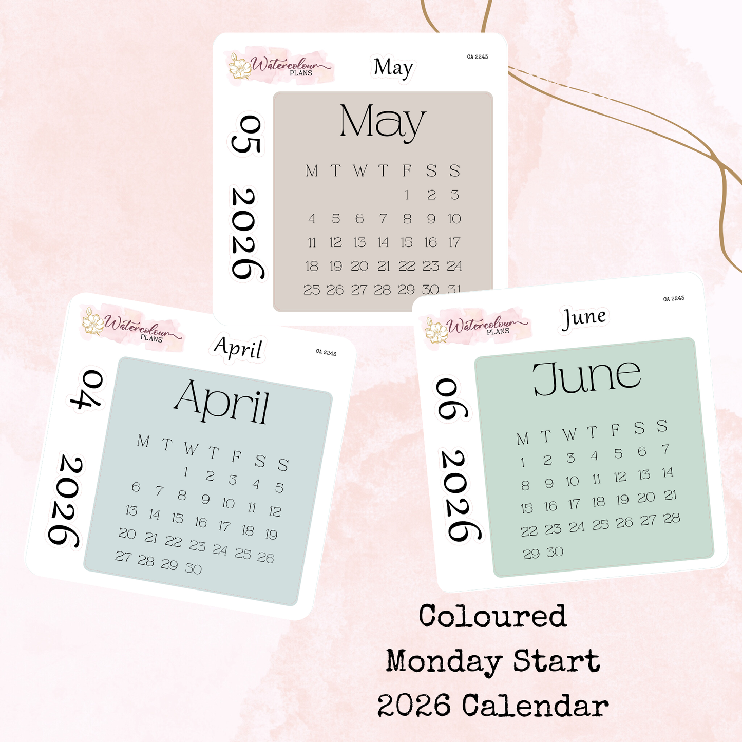 Monthly Calendar 2026 - Monday Start - Colour - Planner and Journal Stickers - Stationery - Watercolour