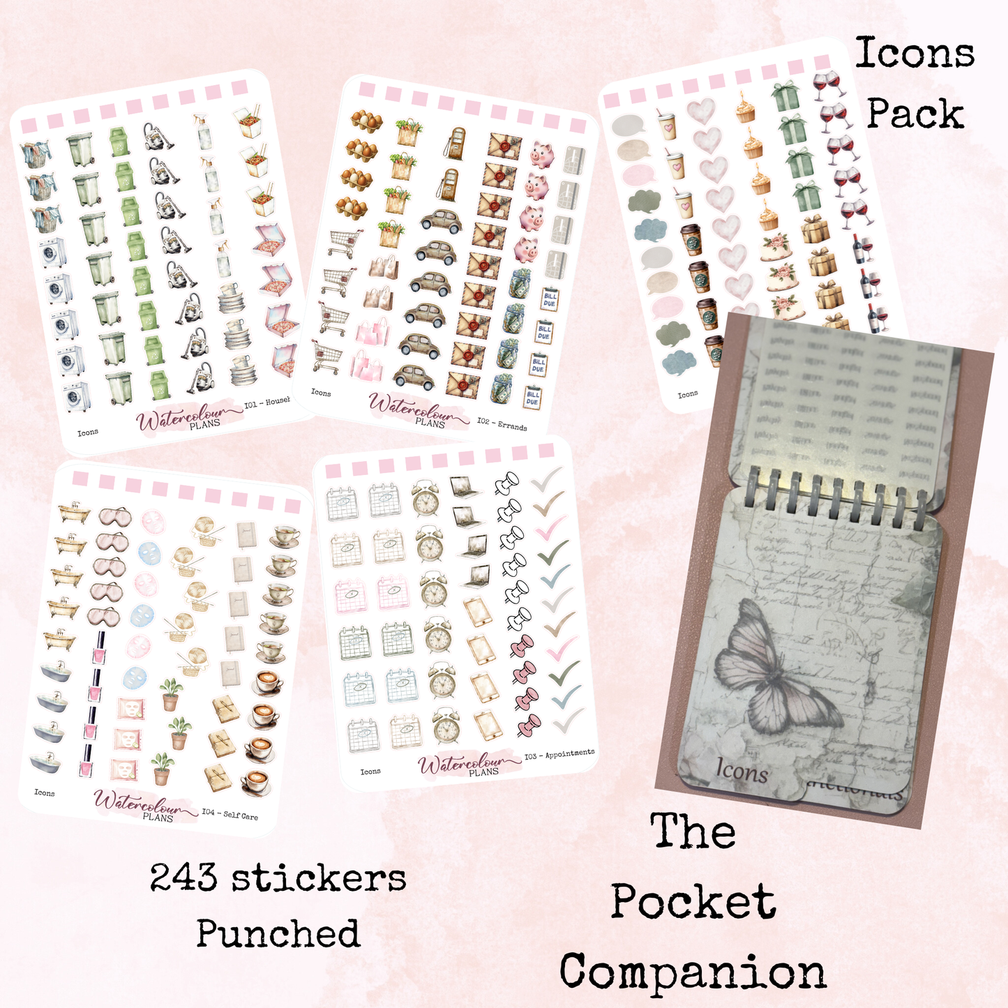 The Pocket Companion - Icons Pack - Icon Stickers - Mini Size - Stationery - Watercolour