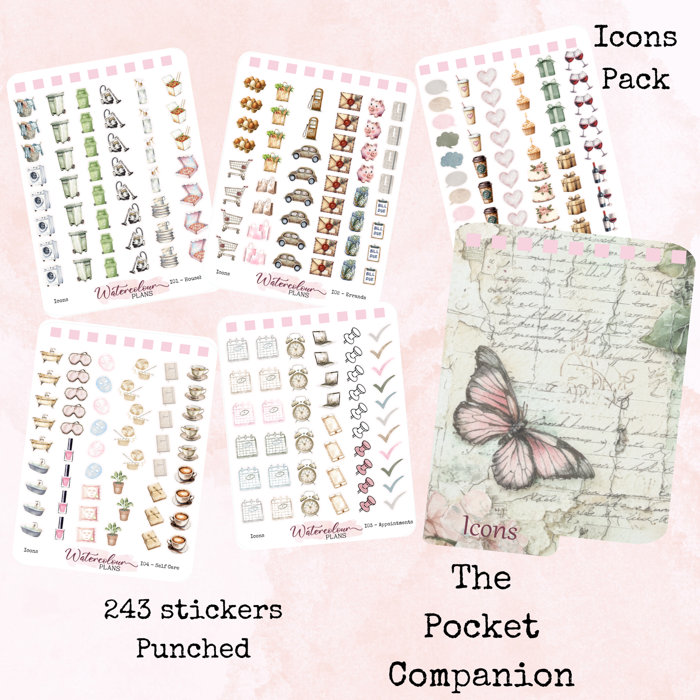 The Pocket Companion - Icons Pack - Icon Stickers - Mini Size - Stationery - Watercolour