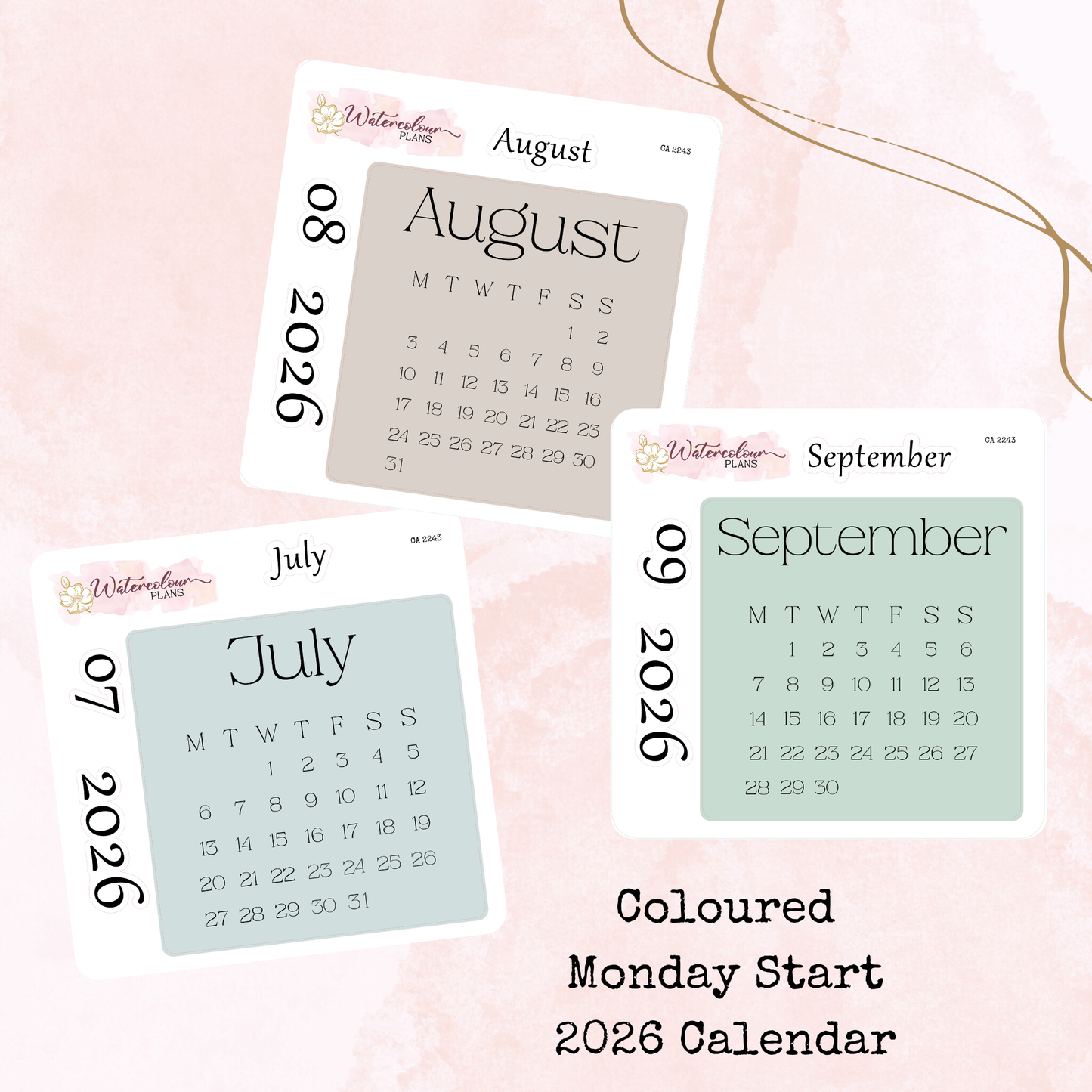Monthly Calendar 2026 - Monday Start - Colour - Planner and Journal Stickers - Stationery - Watercolour