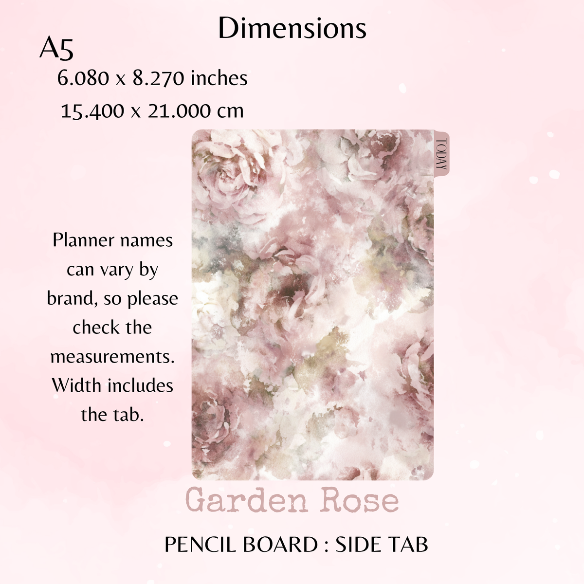 Garden Rose - Pencil Board - Side Tab - Dashboard - Stationery - Planning Accessory - Watercolour