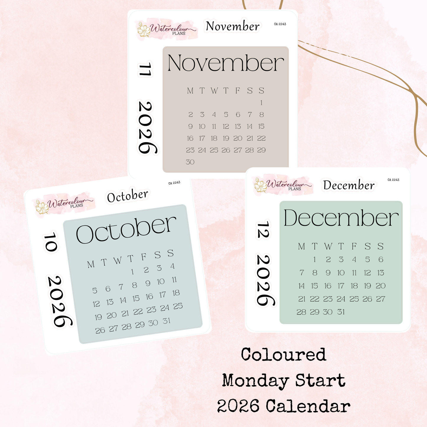Monthly Calendar 2026 - Monday Start - Colour - Planner and Journal Stickers - Stationery - Watercolour