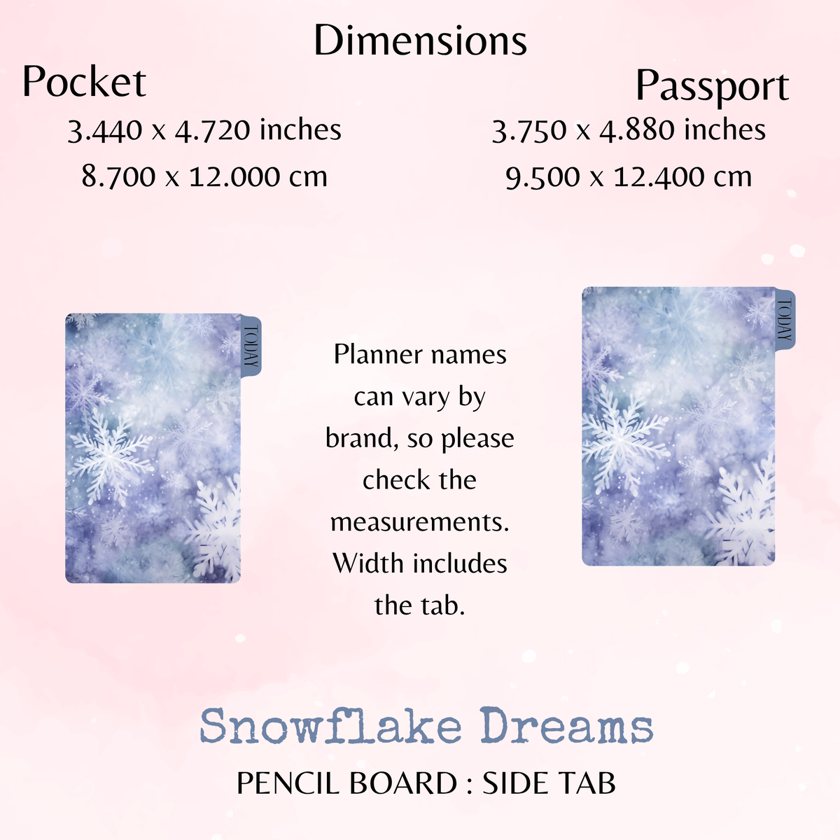 Snowflake Dreams - Pencil Board - Side Tab - Dashboard - Stationery - Planning Accessory - Watercolour