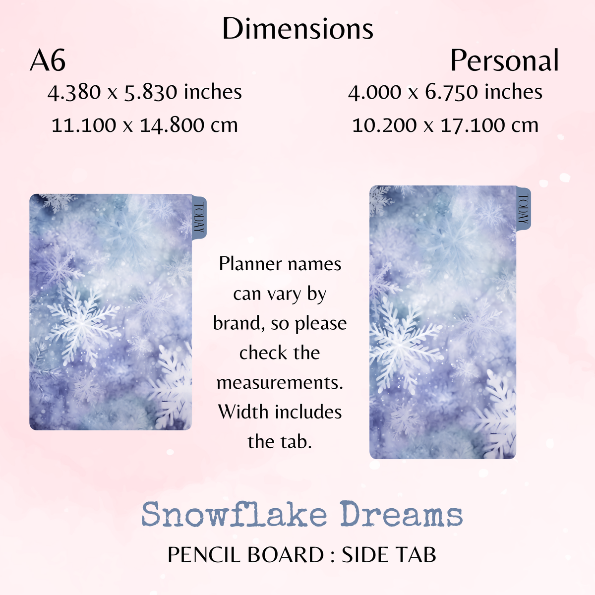 Snowflake Dreams - Pencil Board - Side Tab - Dashboard - Stationery - Planning Accessory - Watercolour