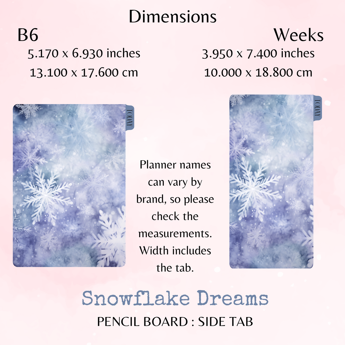 Snowflake Dreams - Pencil Board - Side Tab - Dashboard - Stationery - Planning Accessory - Watercolour