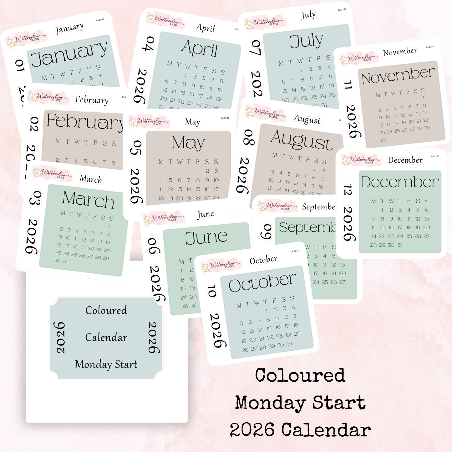 Monthly Calendar 2026 - Monday Start - Colour - Planner and Journal Stickers - Stationery - Watercolour
