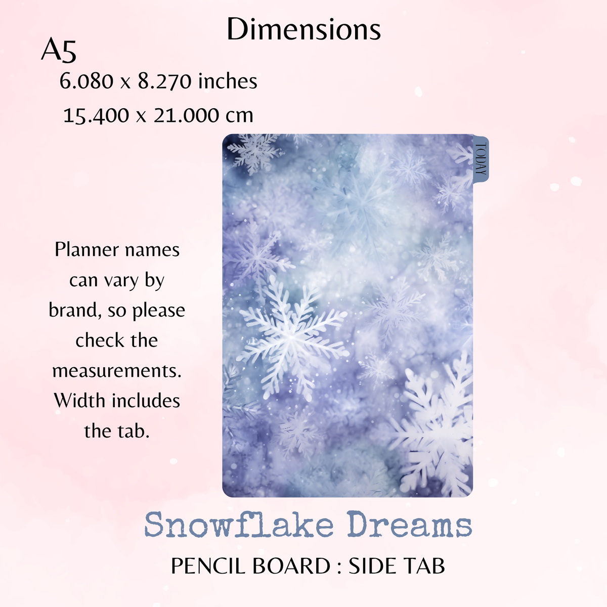 Snowflake Dreams - Pencil Board - Side Tab - Dashboard - Stationery - Planning Accessory - Watercolour