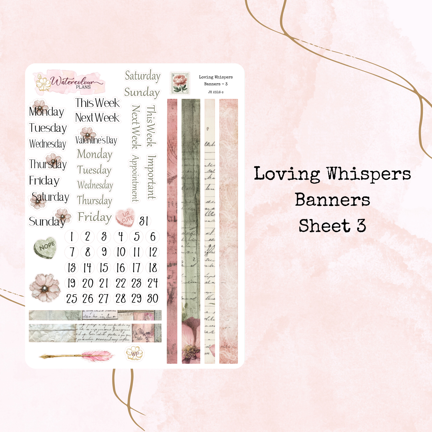 Loving Whispers - Journal Trio - Planner Stickers - Stationery - Watercolour