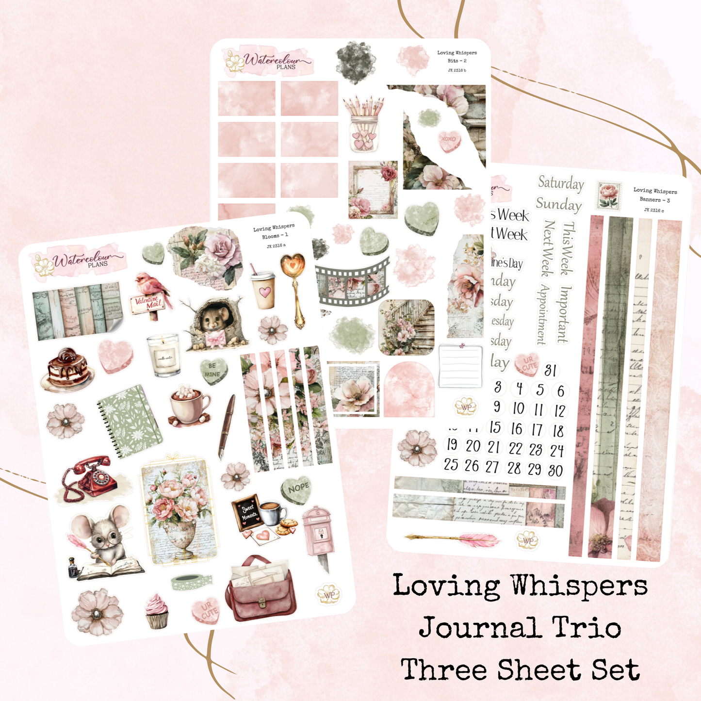 Loving Whispers - Journal Trio - Planner Stickers - Stationery - Watercolour