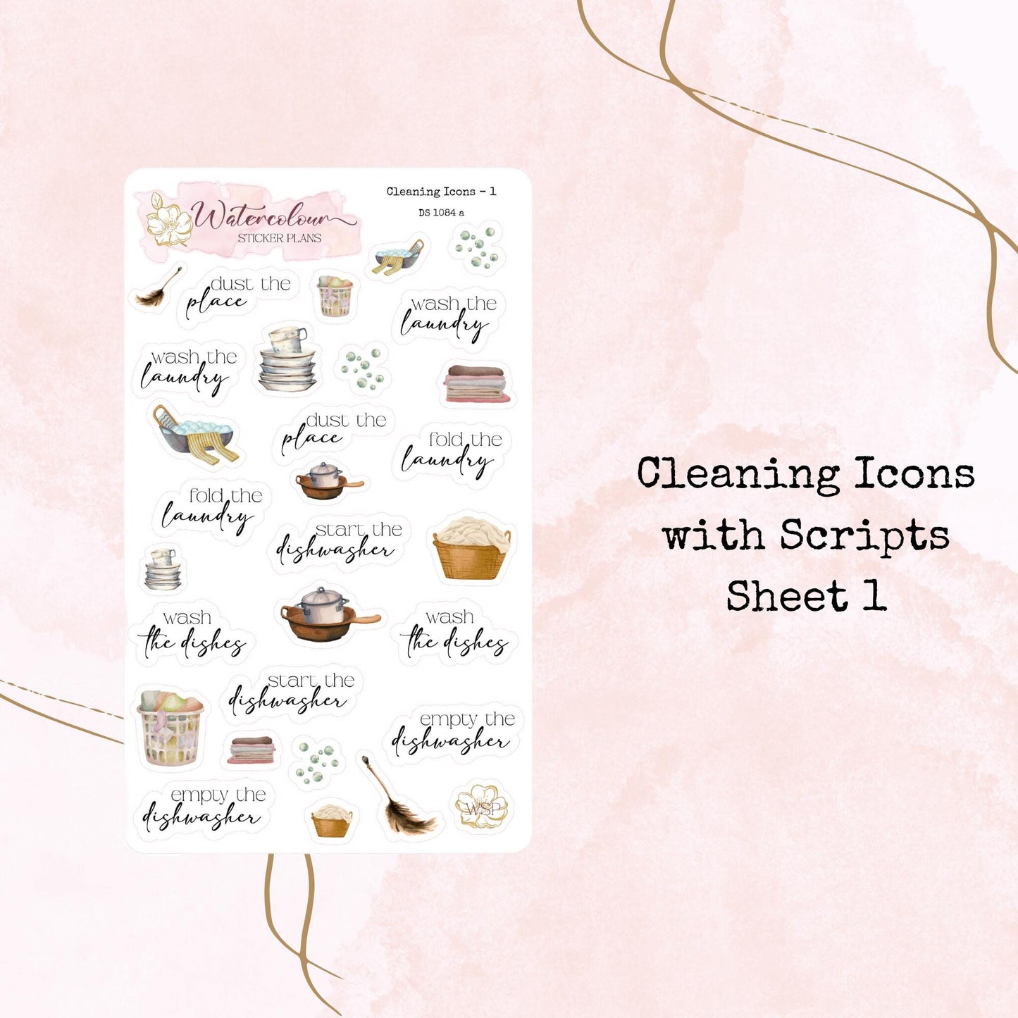 Cleaning Icons - Scripts - Planner and Journal Stickers - Stationery - Watercolour