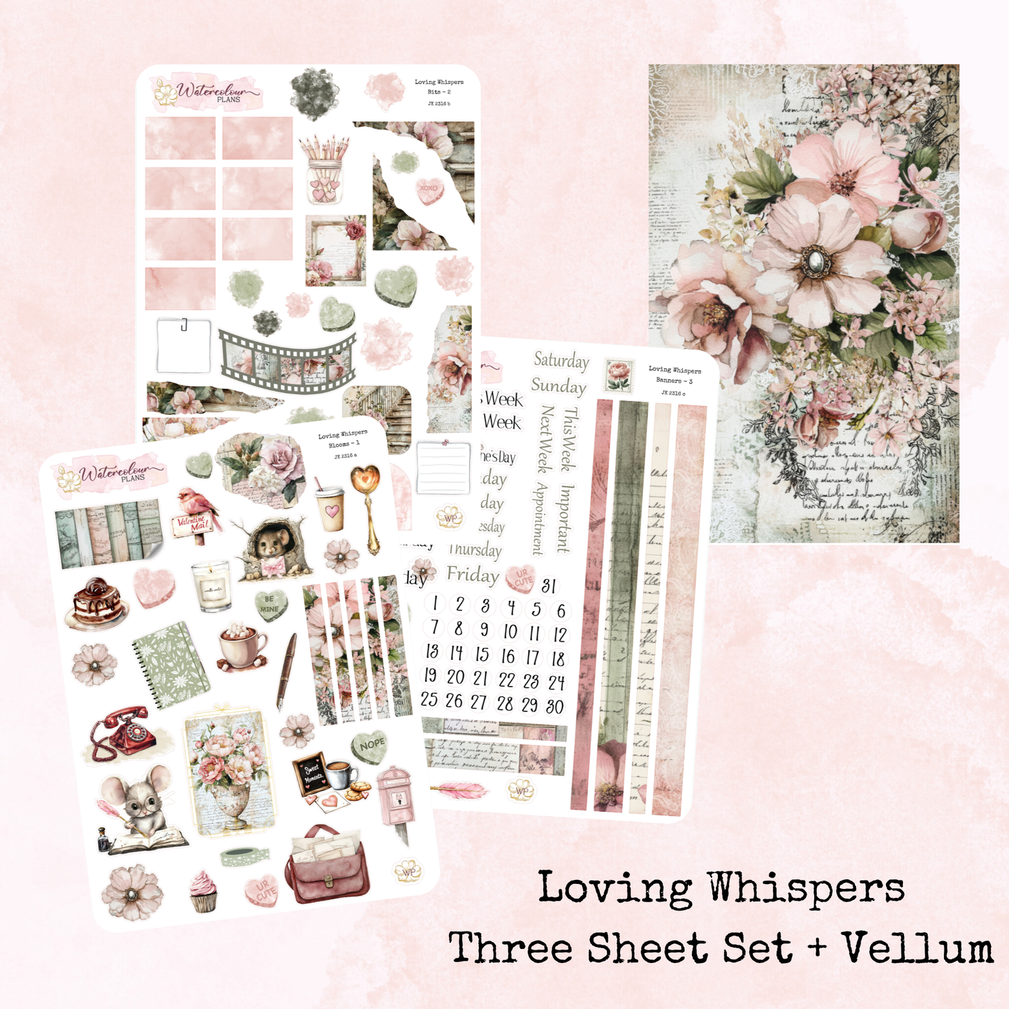 Loving Whispers - Journal Trio - Planner Stickers - Stationery - Watercolour