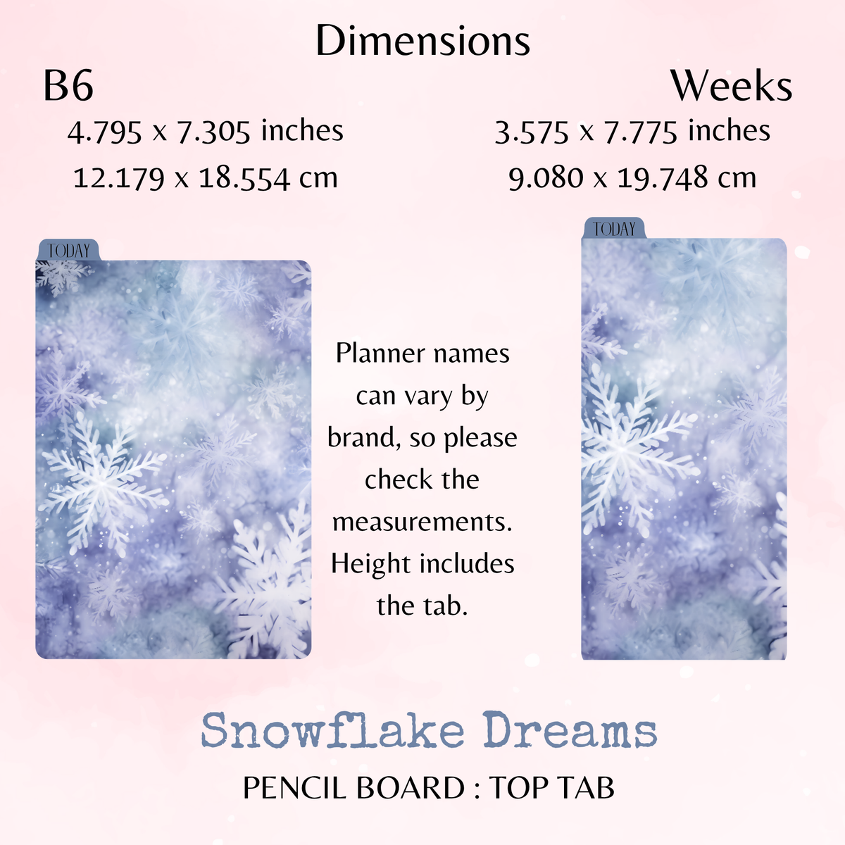 Snowflake Dreams - Pencil Board - Top Tab - Dashboard - Stationery - Planning Accessory - Watercolour