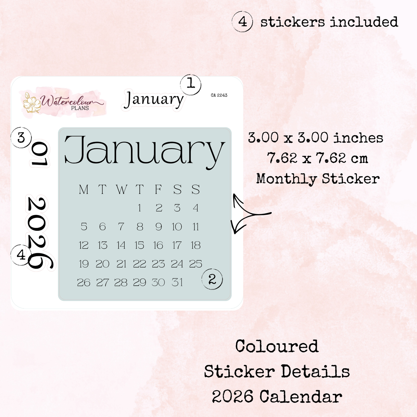 Monthly Calendar 2026 - Sunday Start - Colour - Planner and Journal Stickers - Stationery - Watercolour
