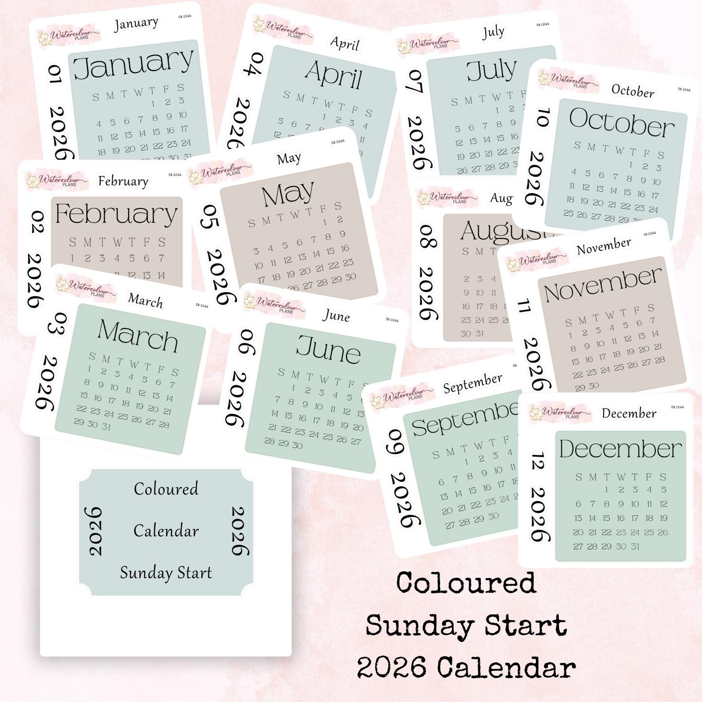 Monthly Calendar 2026 - Sunday Start - Colour - Planner and Journal Stickers - Stationery - Watercolour