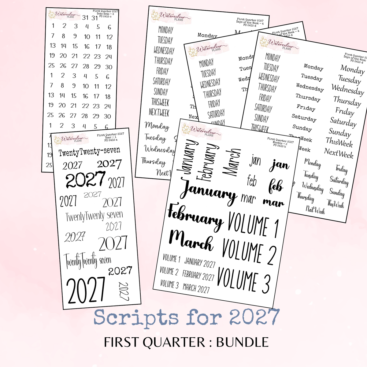 First Quarter Bundle - 2027 - Script Stickers - Days Weeks Months - Stationery