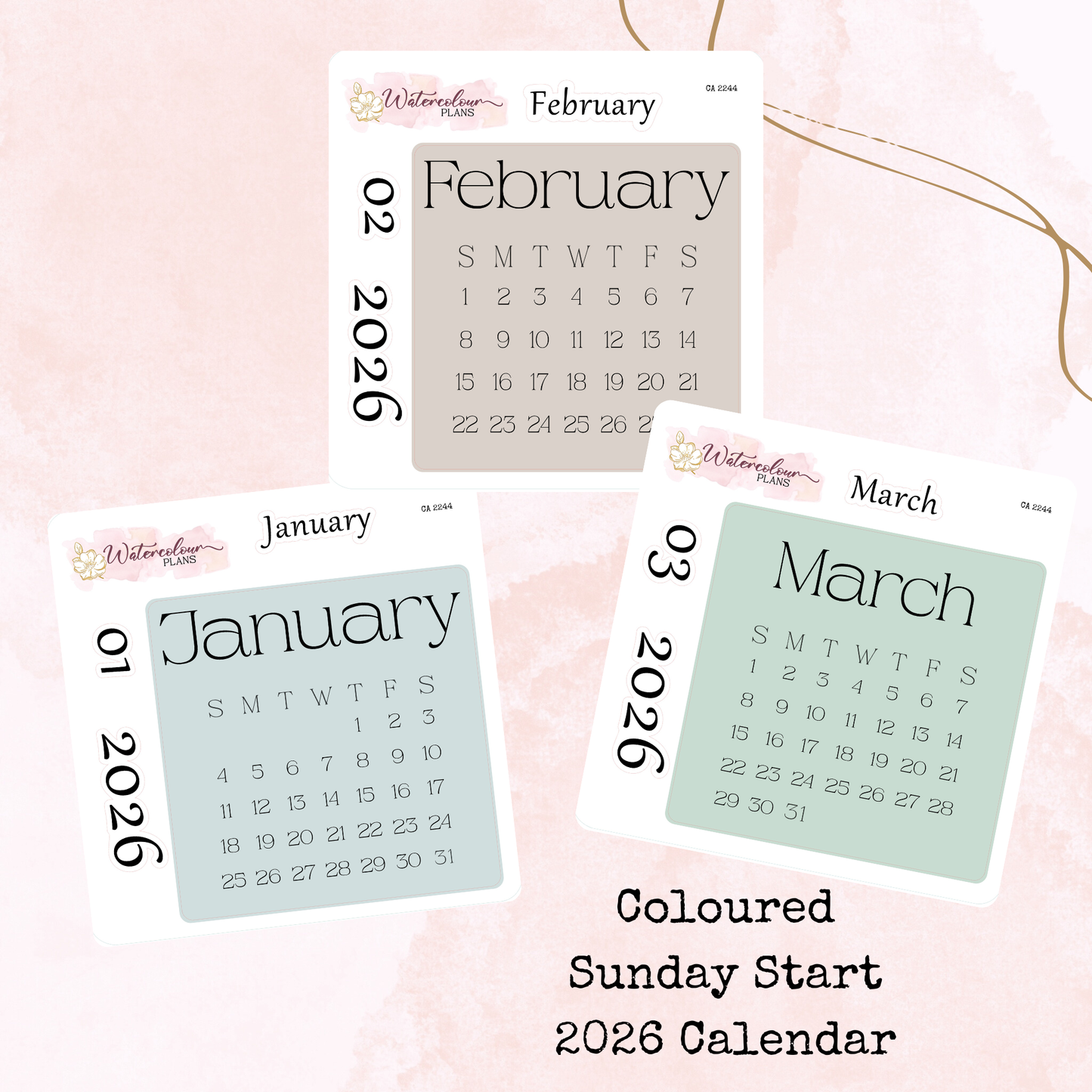 Monthly Calendar 2026 - Sunday Start - Colour - Planner and Journal Stickers - Stationery - Watercolour