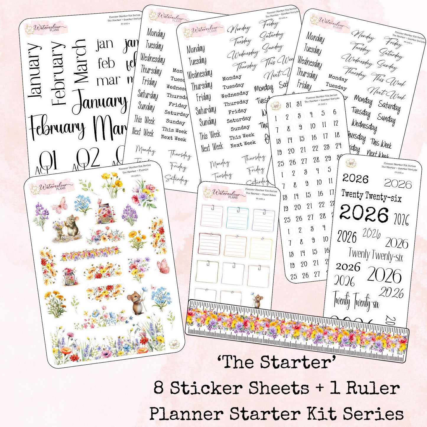 Planner Starter Kit - Script Stickers - Deco - Functional - Ruler - Stationery - Watercolour