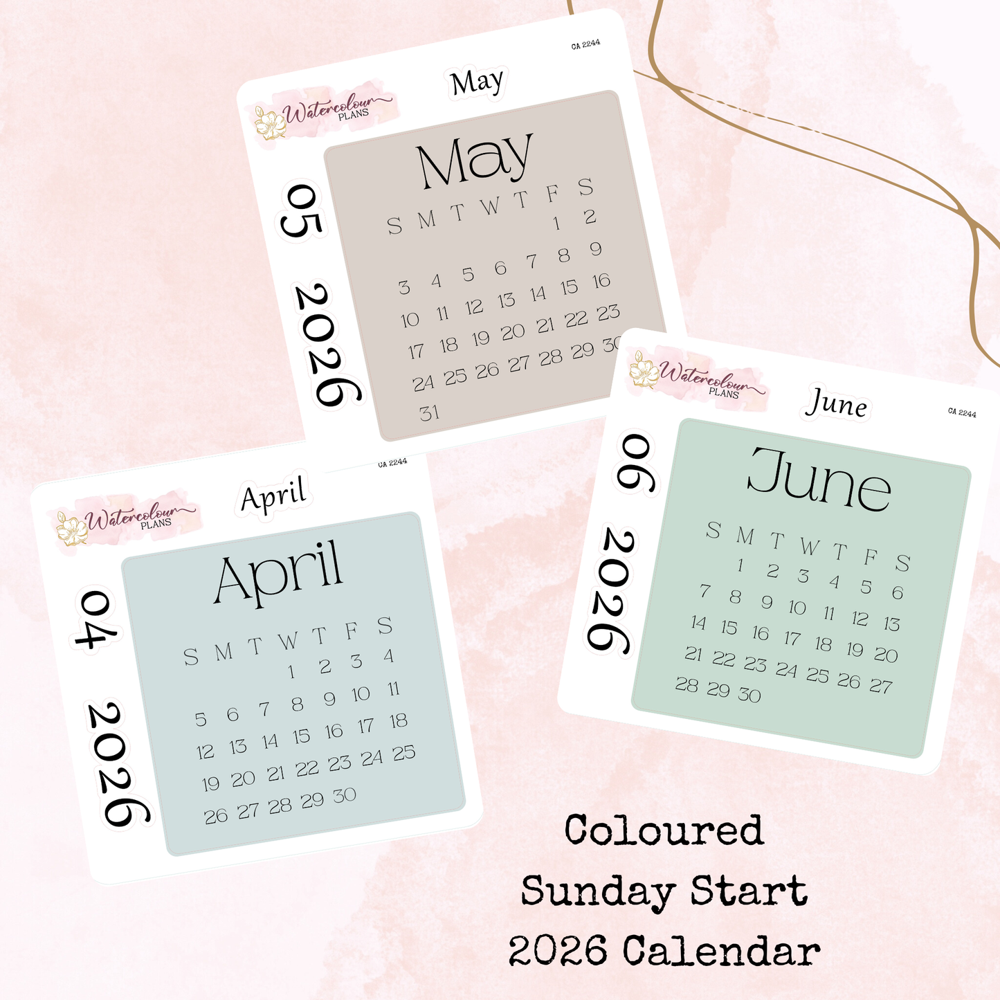 Monthly Calendar 2026 - Sunday Start - Colour - Planner and Journal Stickers - Stationery - Watercolour