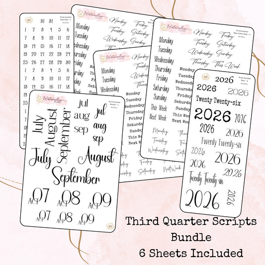 Third Quarter Bundle - 2026 - Script Stickers - Days Weeks Months - Stationery