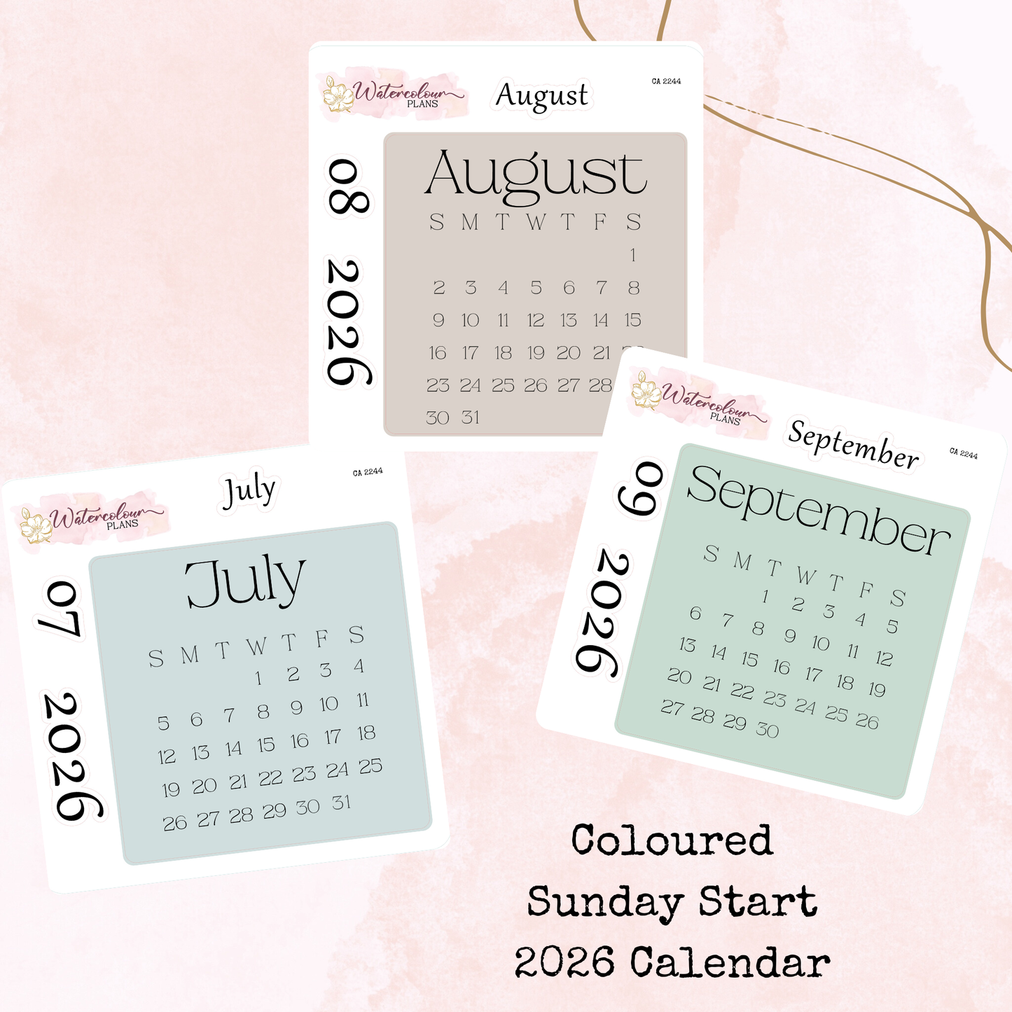 Monthly Calendar 2026 - Sunday Start - Colour - Planner and Journal Stickers - Stationery - Watercolour