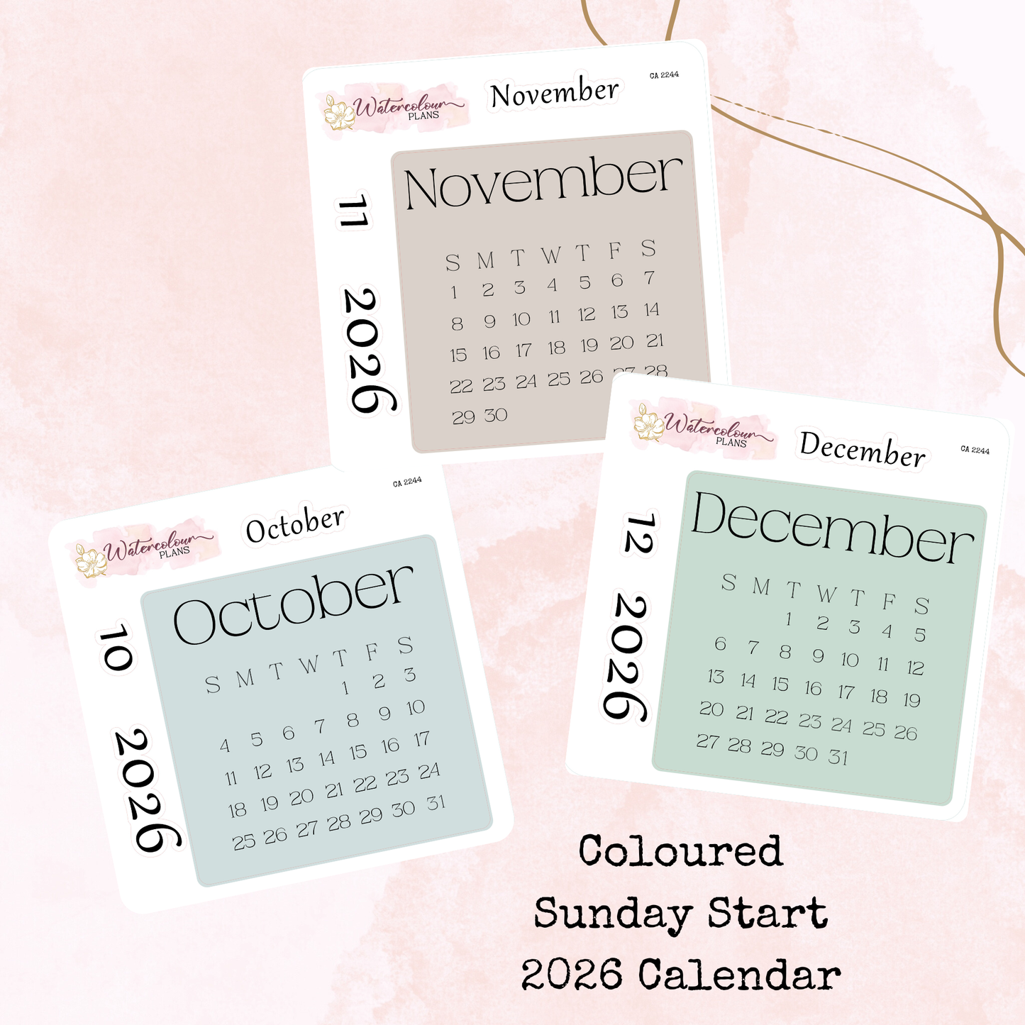 Monthly Calendar 2026 - Sunday Start - Colour - Planner and Journal Stickers - Stationery - Watercolour