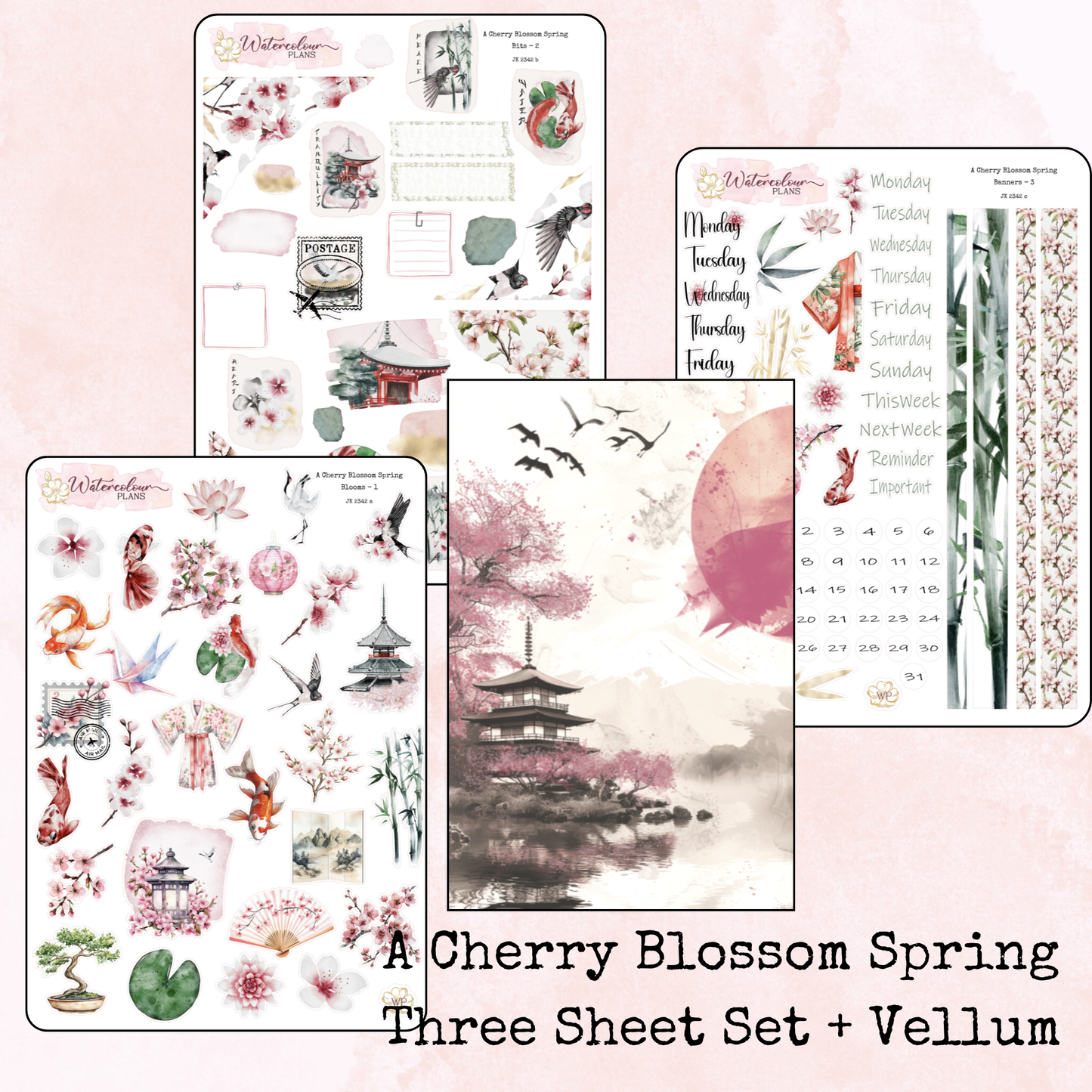 A Cherry Blossom Spring - Journal Trio - Printed Vellum - Planner Stickers - Stationery - Watercolour