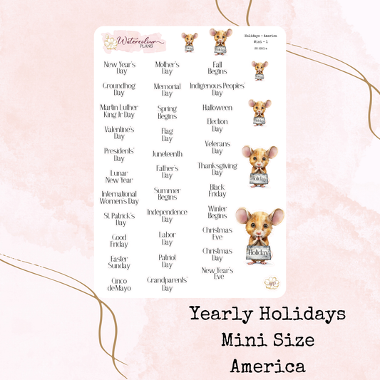 Yearly Holidays - American Version - Mini Size - Planner and Journal Stickers - Stationery - Watercolour
