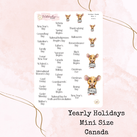 Yearly Holidays - Canadian Version - Mini Size - Planner and Journal Stickers - Stationery - Watercolour