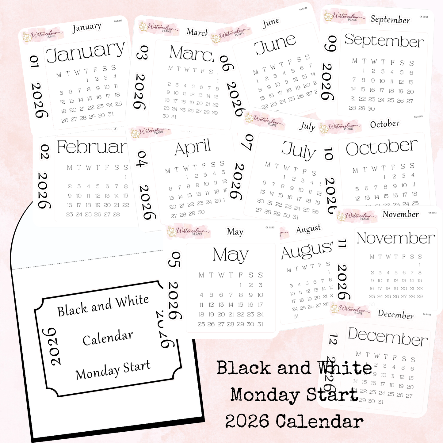 Monthly Calendar 2026 - Monday Start - Black and White - Planner and Journal Stickers - Stationery