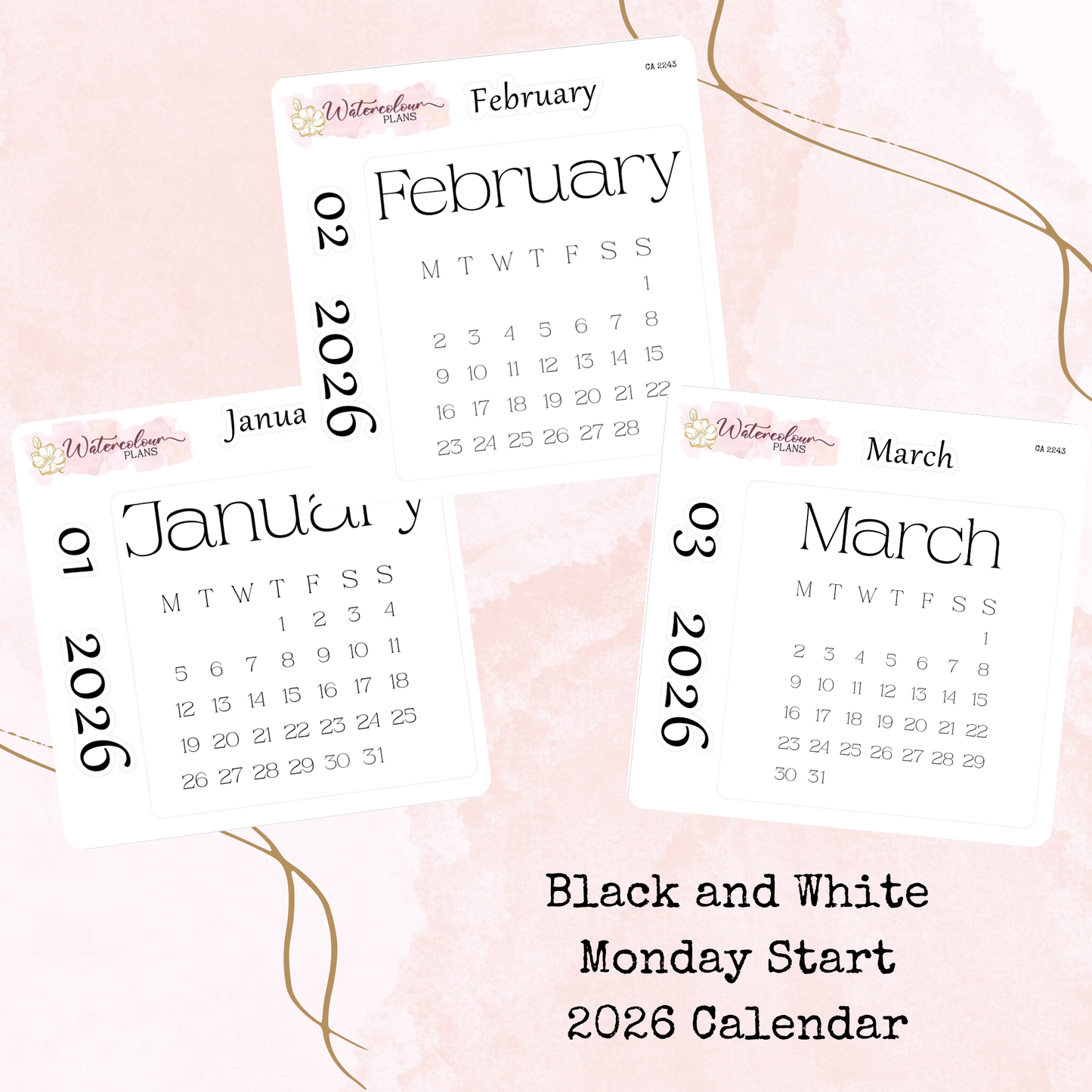 Monthly Calendar 2026 - Monday Start - Black and White - Planner and Journal Stickers - Stationery