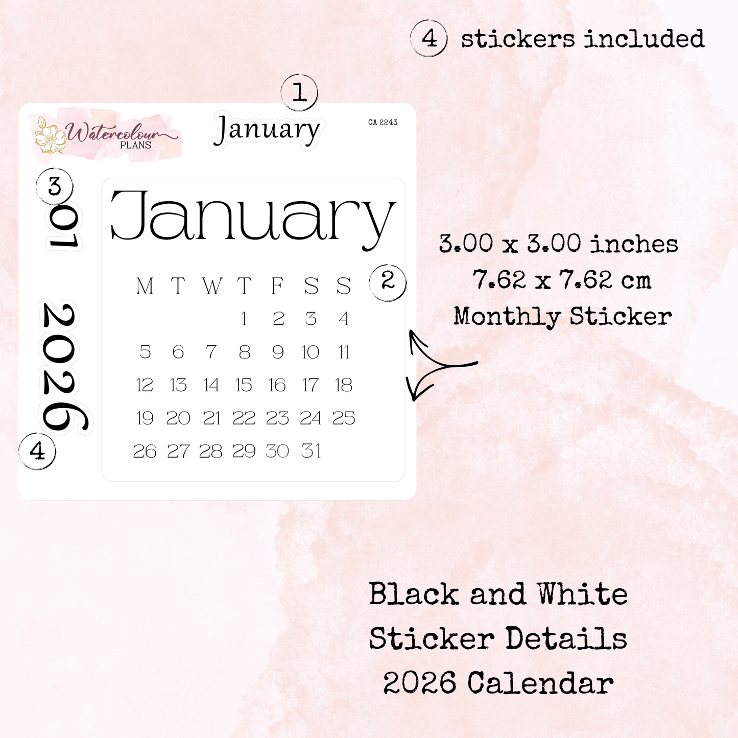 Monthly Calendar 2026 - Monday Start - Black and White - Planner and Journal Stickers - Stationery