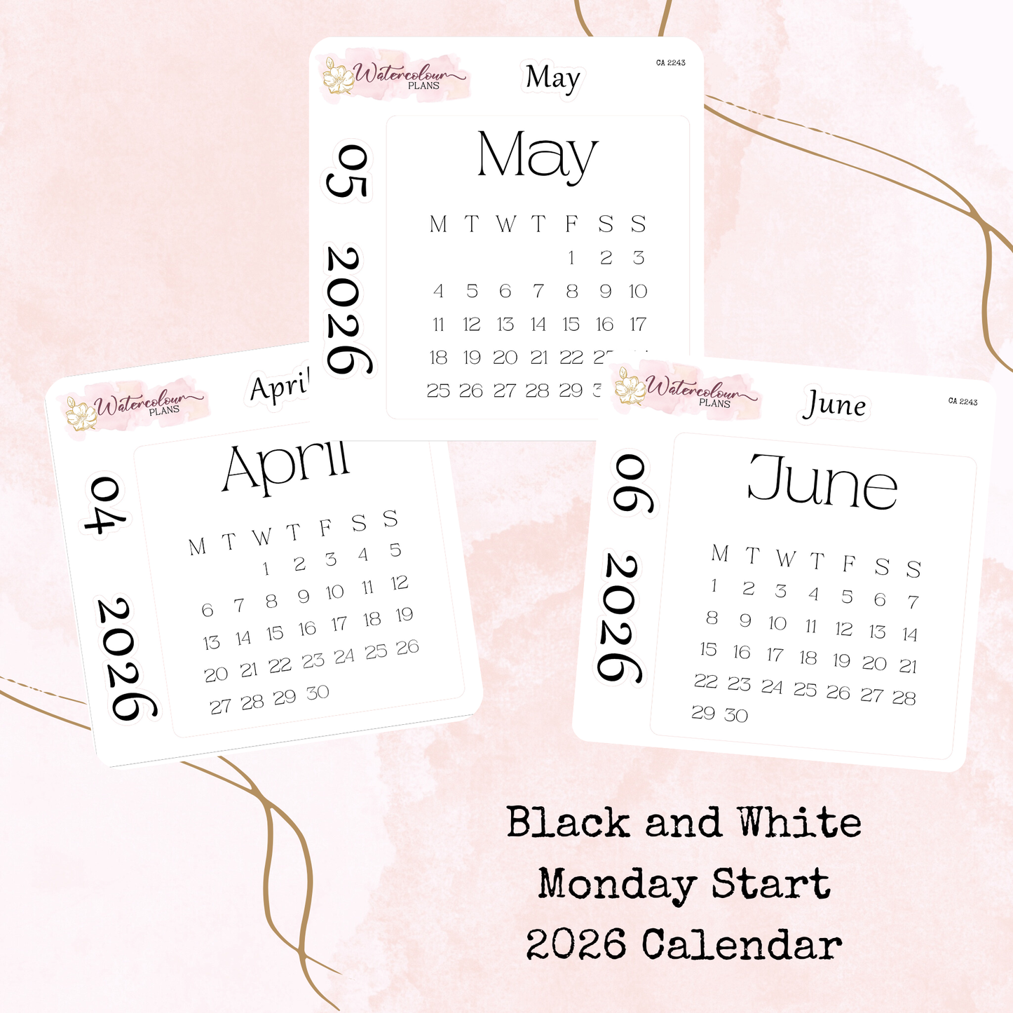 Monthly Calendar 2026 - Monday Start - Black and White - Planner and Journal Stickers - Stationery
