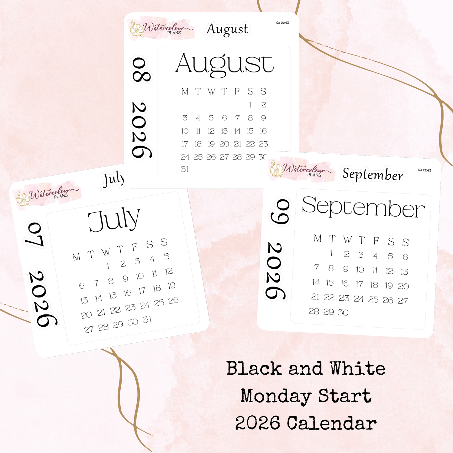 Monthly Calendar 2026 - Monday Start - Black and White - Planner and Journal Stickers - Stationery