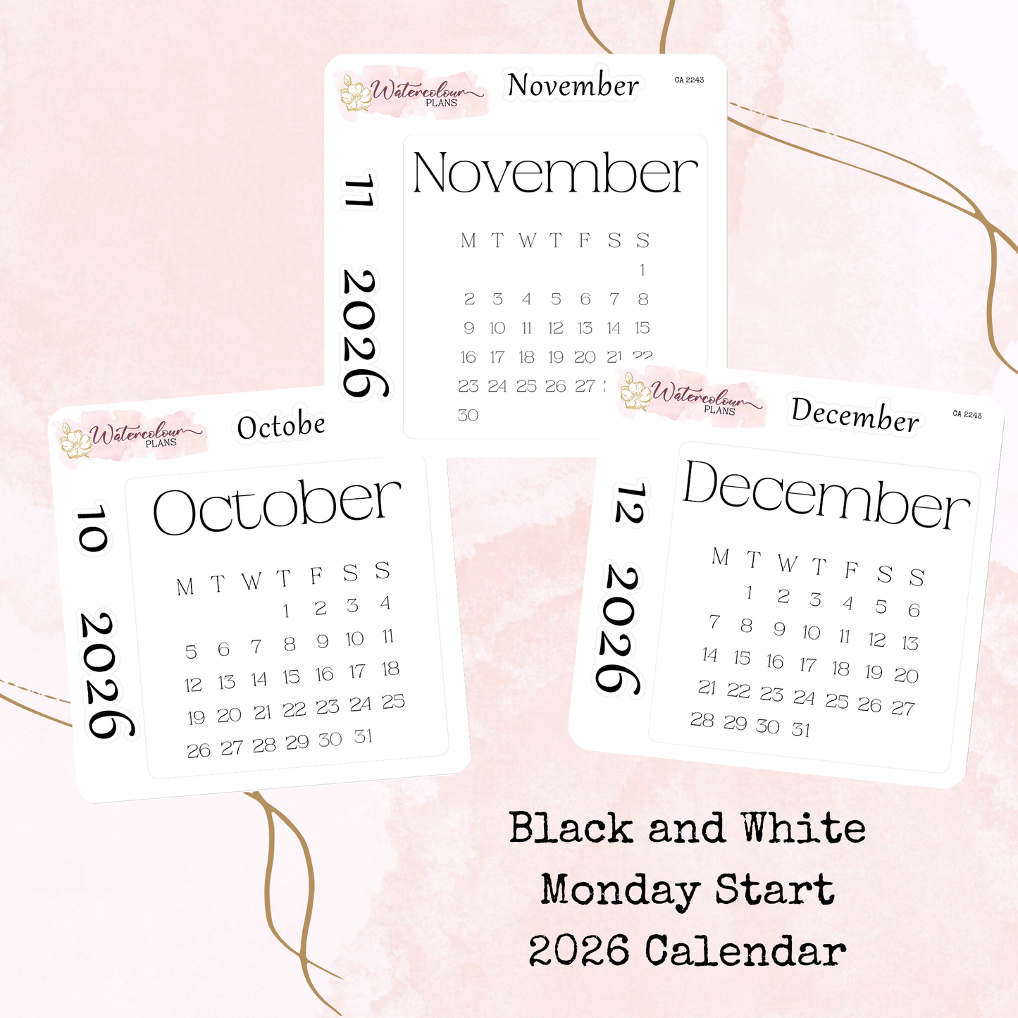 Monthly Calendar 2026 - Monday Start - Black and White - Planner and Journal Stickers - Stationery
